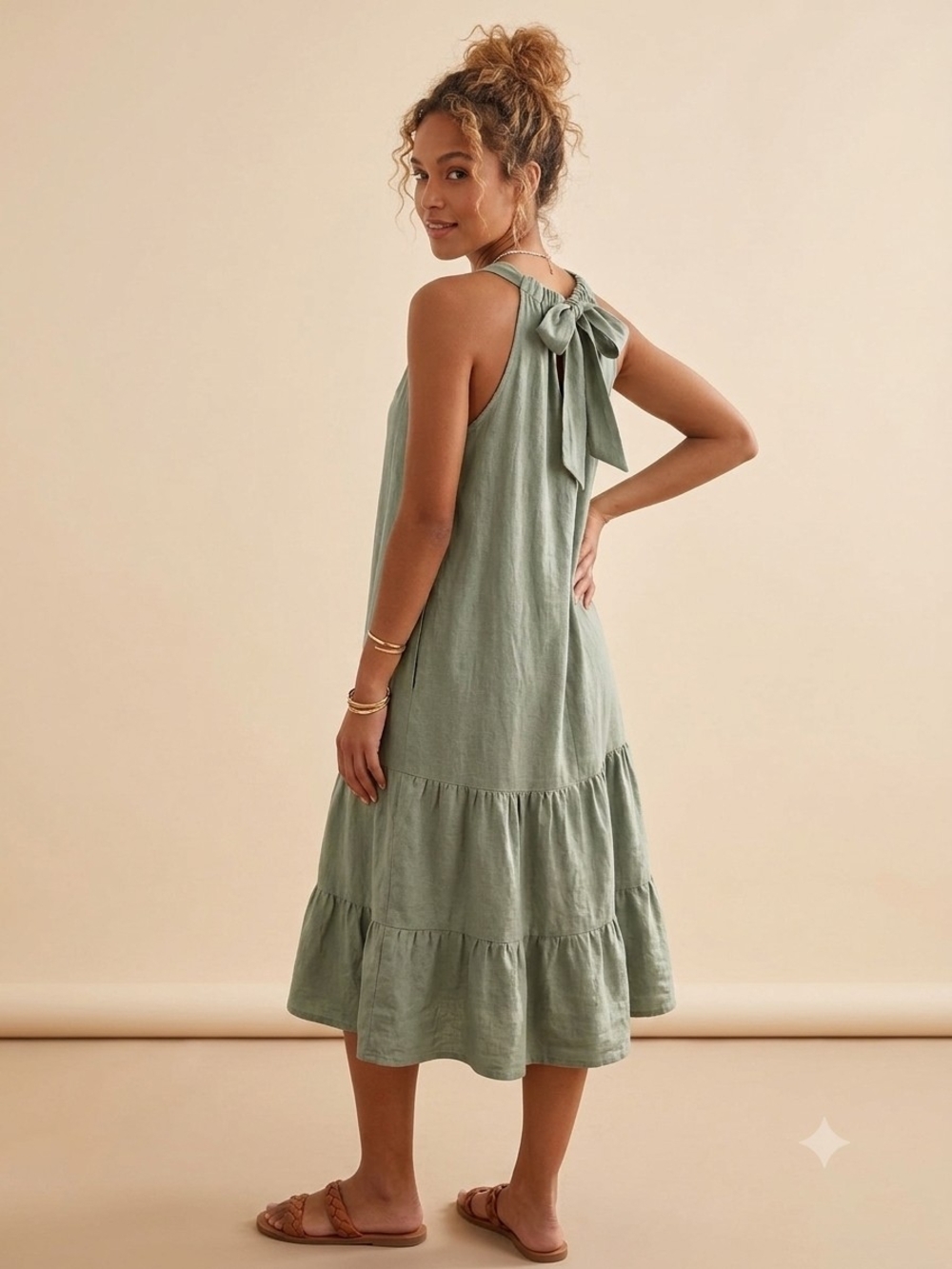 Bellambra Italy Linen Blend Tiered Midi Dress Sage Green Halter Tie Back XL
